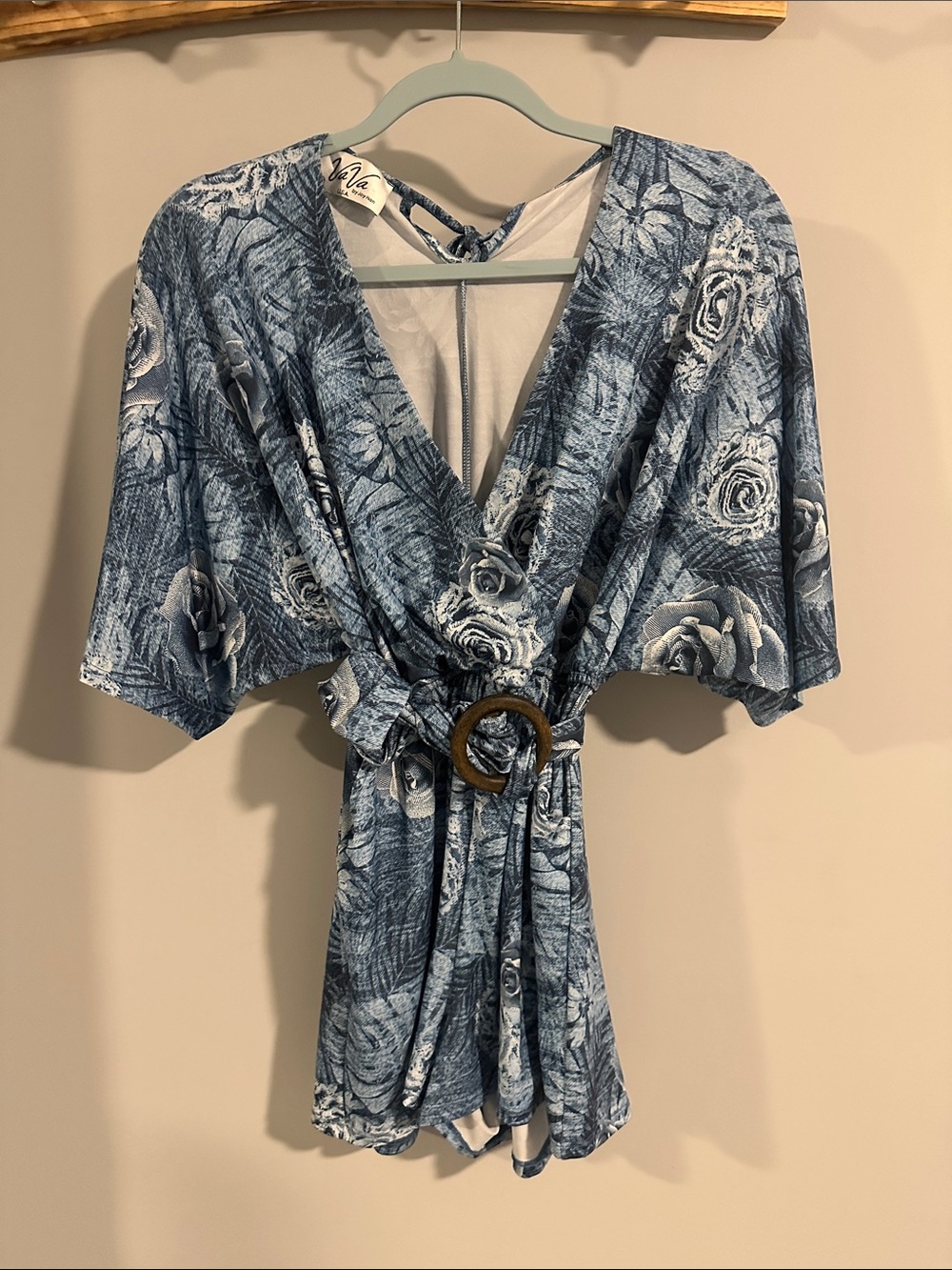 Vava by Joy Han Blue Floral Wrap Romper with Belt